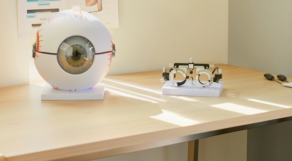 Illustrative photograph of an eye model and vision-assessment equipment