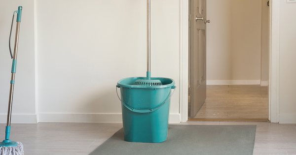 Household cleaning mop and bucket in an accessible home