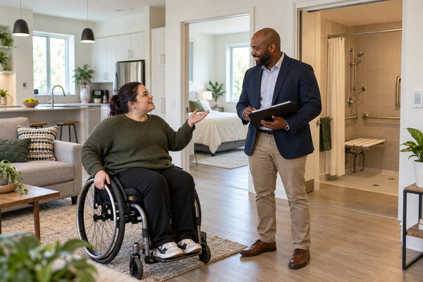 Person reviewing the accessibility of accommodation with a housing provider