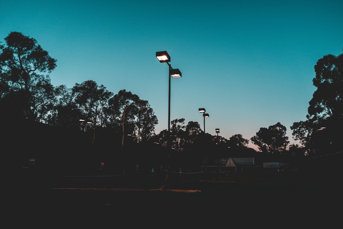 a couple of street lights sitting next to each other