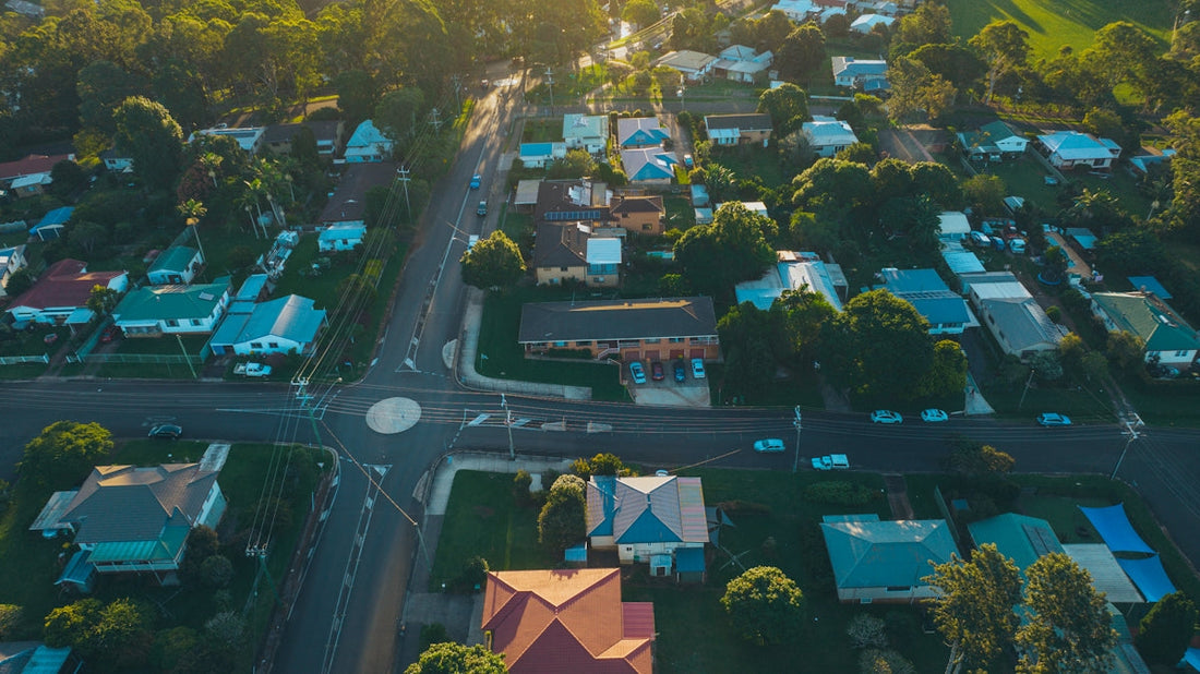 an aerial view of a residential area with houses
