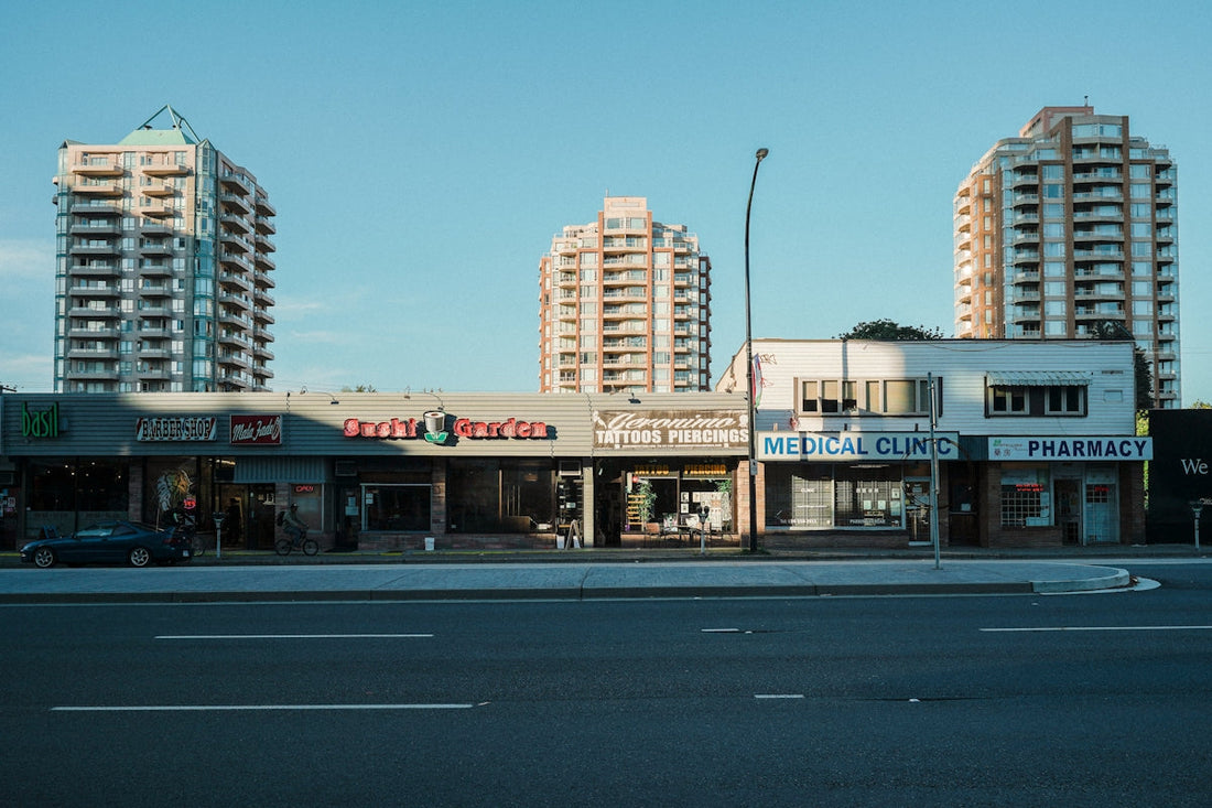 an empty street in front of a medical clinic