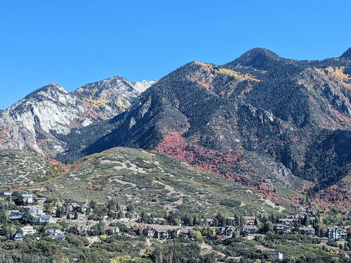 a view of a mountain range with houses in the foreground
