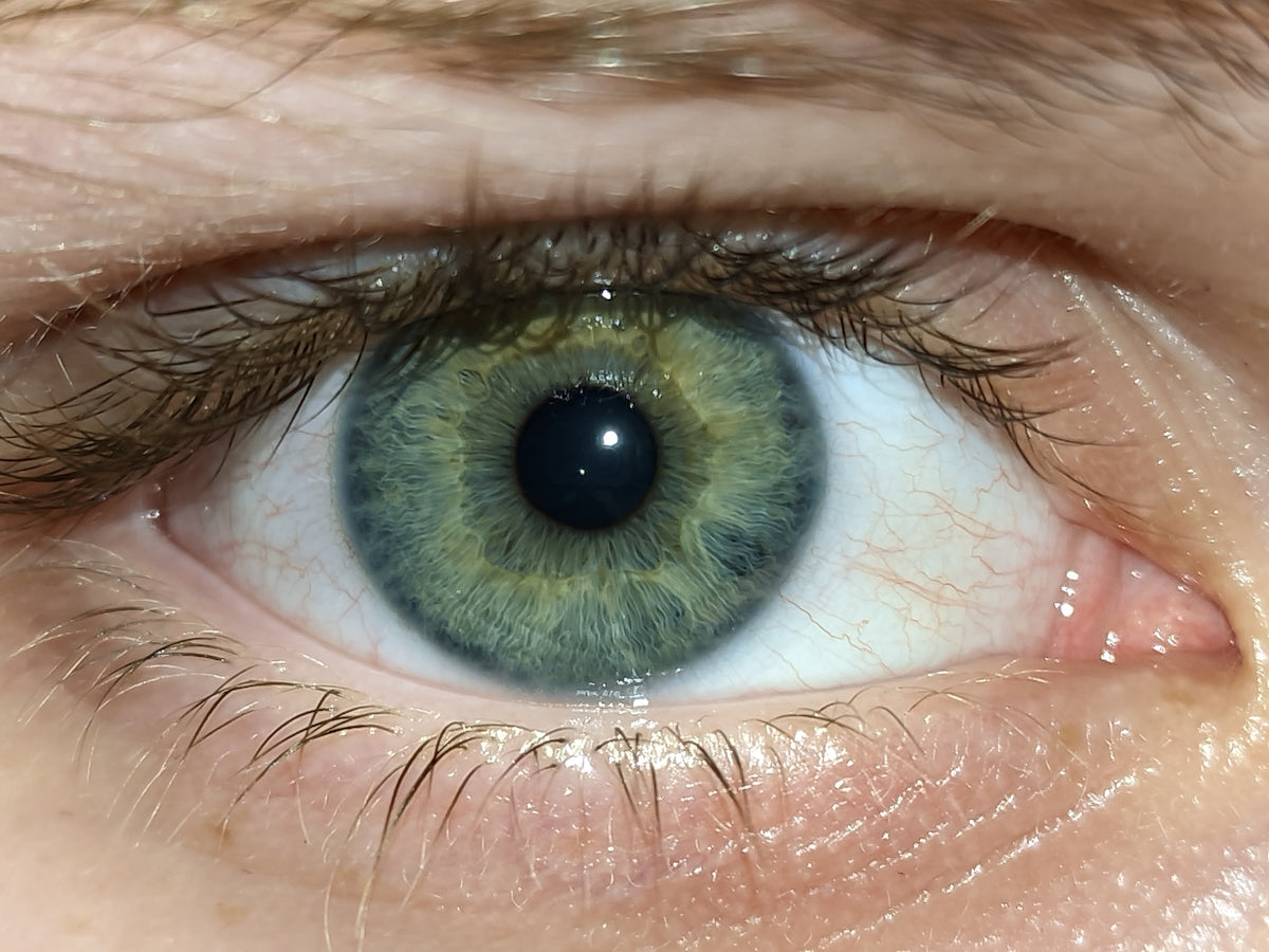 A close up of a person's green eye