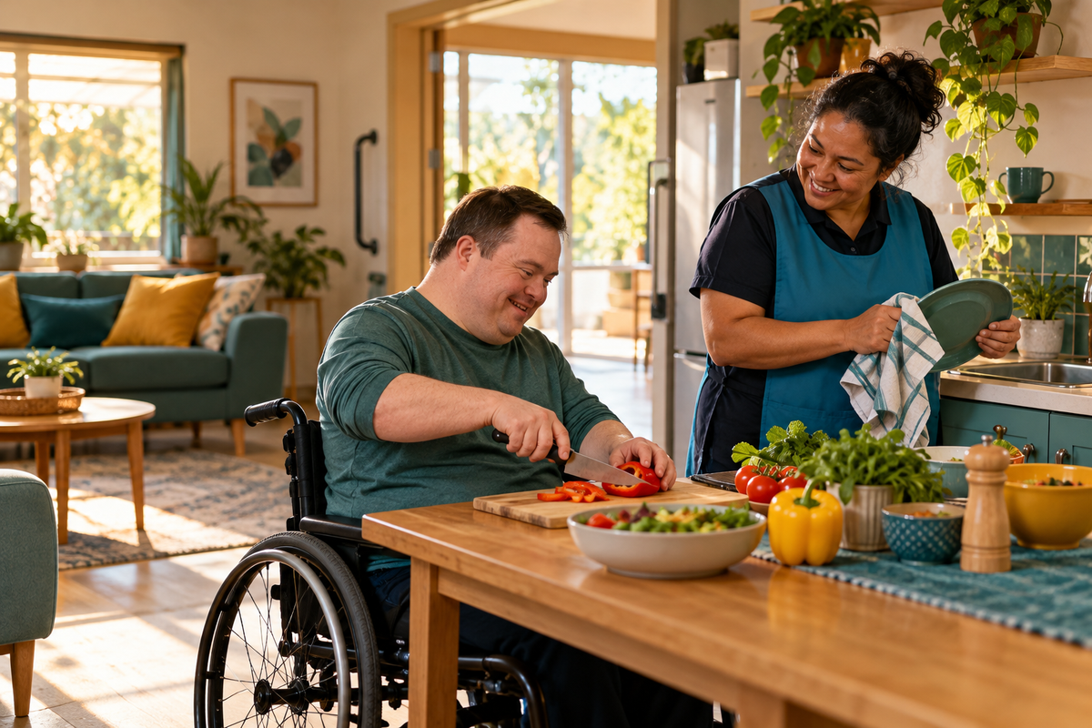 Participant preparing food with a support worker in an accessible home