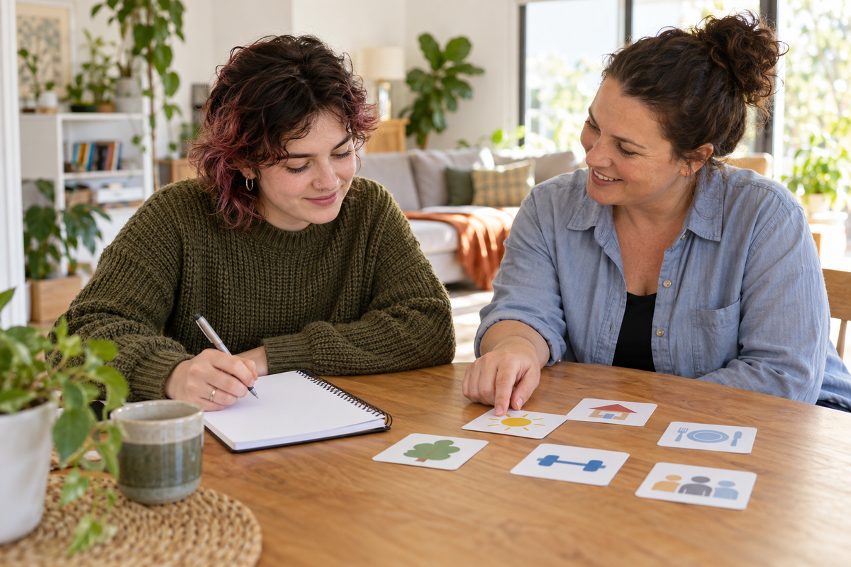 Young adult and trusted support person planning everyday routines together