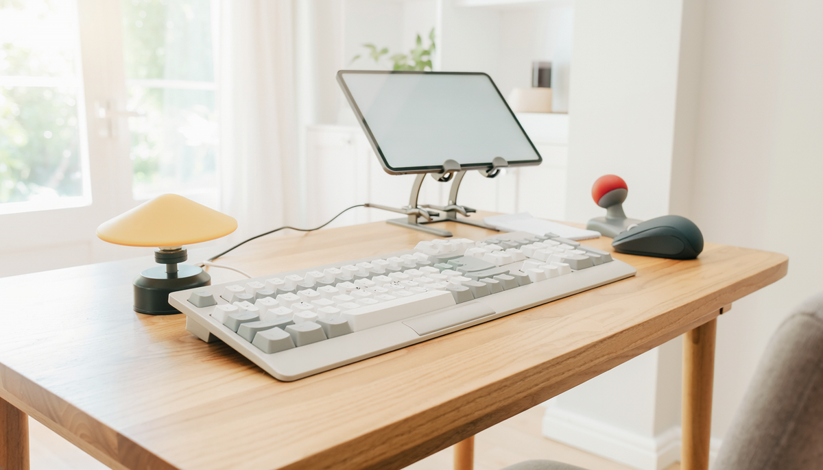 Illustrative photograph of an accessible keyboard, trackball and communication equipment