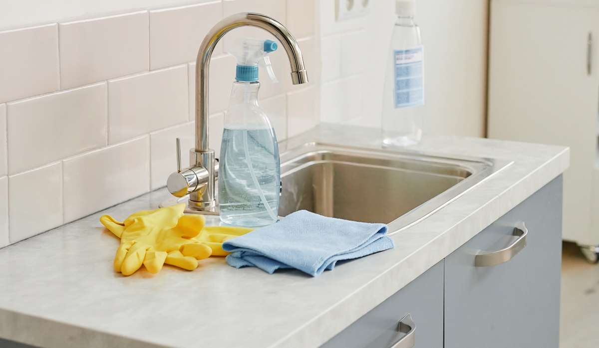 Illustrative photograph of household cleaning supplies beside a kitchen sink