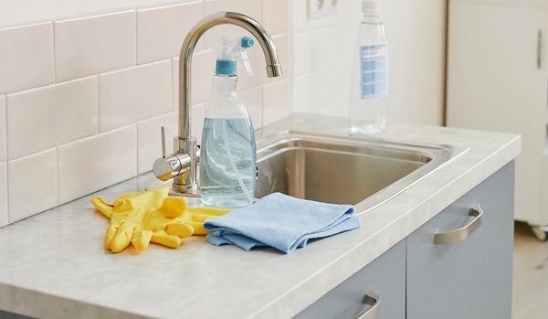 Illustrative photograph of household cleaning supplies beside a kitchen sink