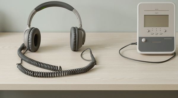 Illustrative photograph of hearing assessment headphones and an audiometer