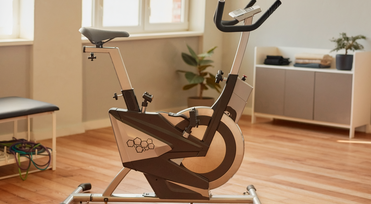 Illustrative photograph of a stationary exercise bike in a rehabilitation studio