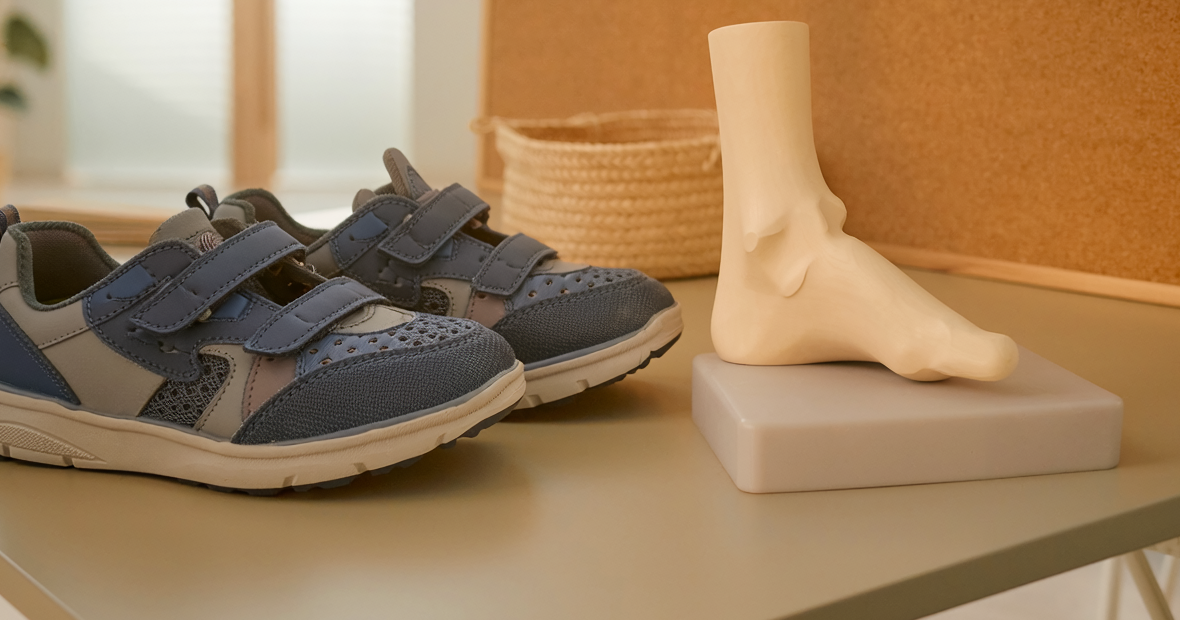 Illustrative photograph of supportive children's shoes and a foot model