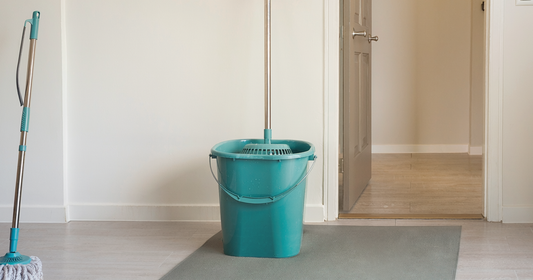 Household cleaning mop and bucket in an accessible home