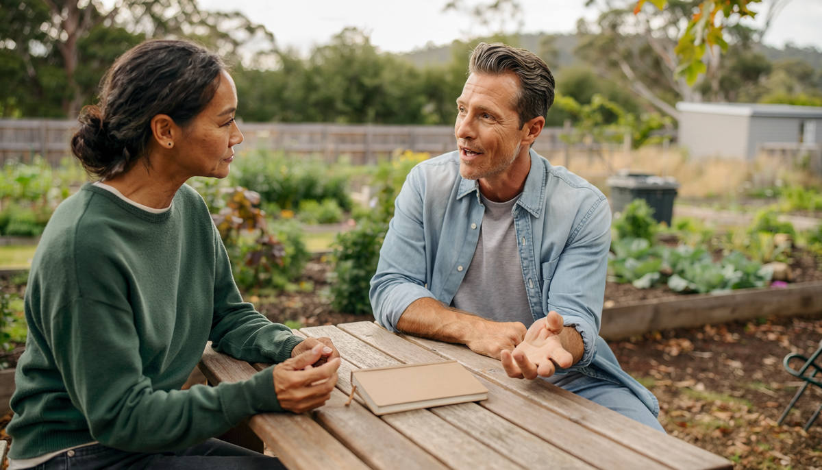 Illustrative photograph of a recovery-focused conversation in a community garden