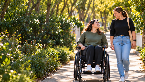 NDIS participant and support worker outdoors — illustrative image for Ashwood NDIS services