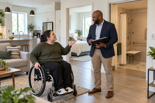 Person with disability discussing accessible home features with a housing provider representative
