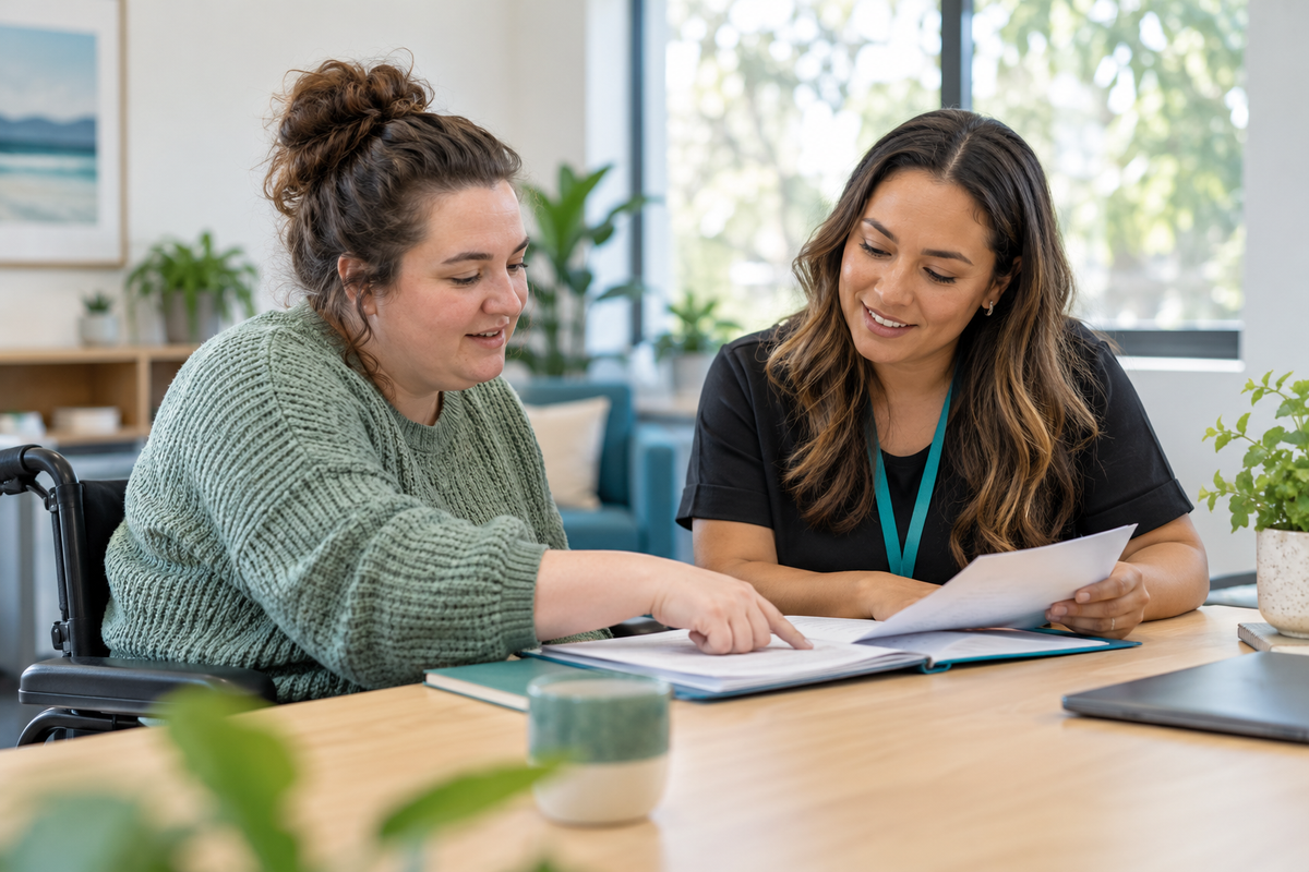 Illustrative scene of an applicant reviewing documents with a community navigator