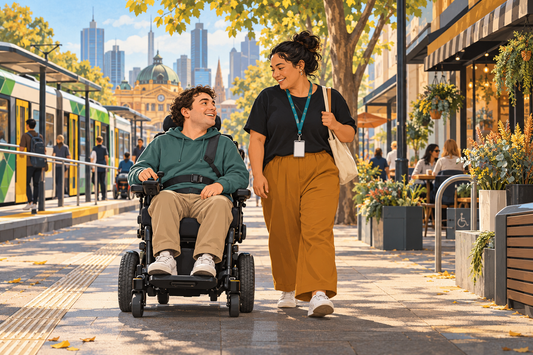 NDIS participant and support worker on an accessible Melbourne street