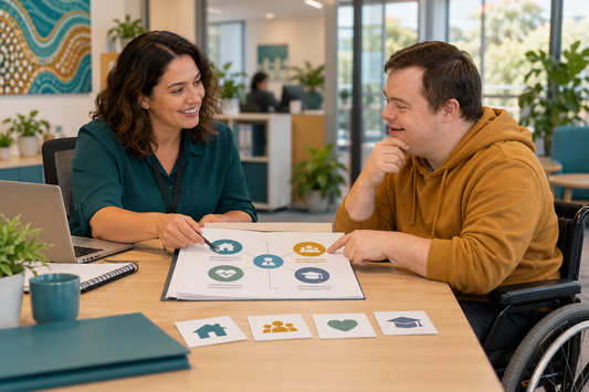 NDIS participant discussing a support plan with a public service planner