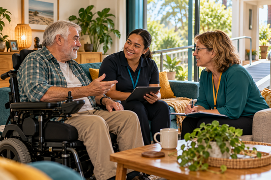 Older person with disability discussing NDIS and aged care services with assessors