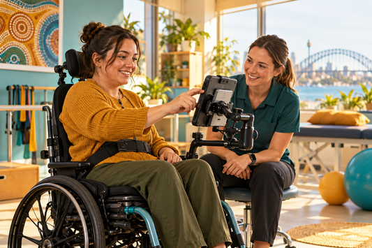 Participant testing a communication device with occupational therapist