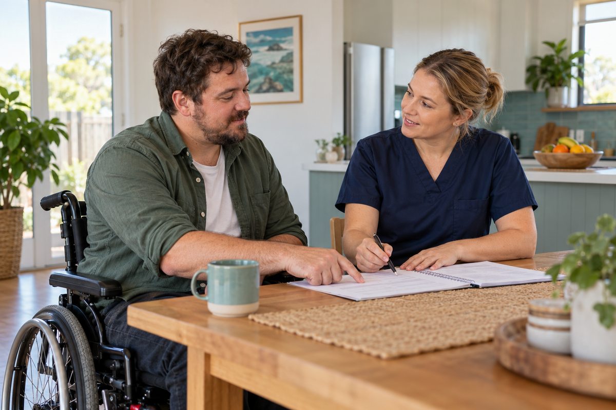 Nurse reviewing an individual disability support care plan