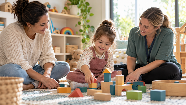 Child working with early intervention professional using blocks