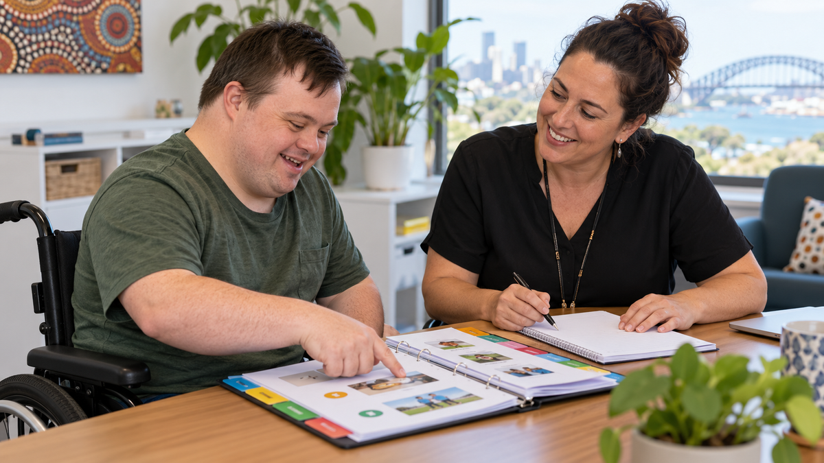 Participant and disability support provider reviewing a service agreement together