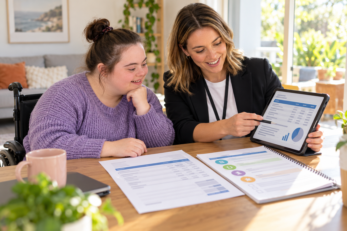 NDIS participant and support coordinator reviewing a service invoice and support plan