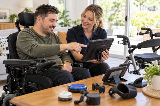 NDIS participant comparing assistive technology with an occupational therapist