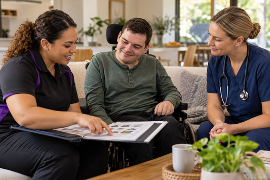 NDIS participant reviewing a high-intensity support routine with a support worker and registered nurse