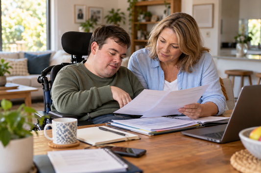 NDIS applicant organizing application paperwork with a trusted family member