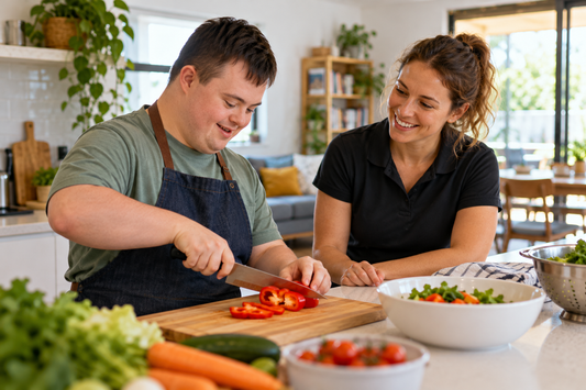 NDIS participant practicing daily living skills with an allied health practitioner