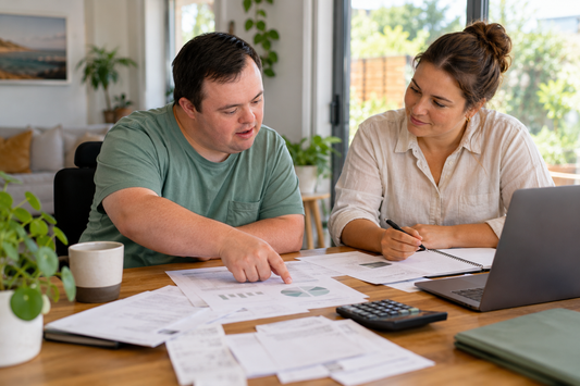 NDIS participant and plan manager checking invoices and budget records