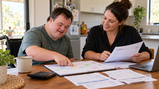 NDIS participant and plan manager reviewing a monthly budget calendar
