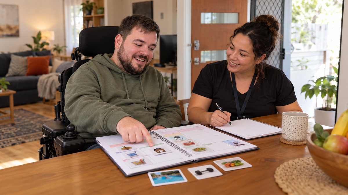 NDIS participant and support worker planning a daily routine
