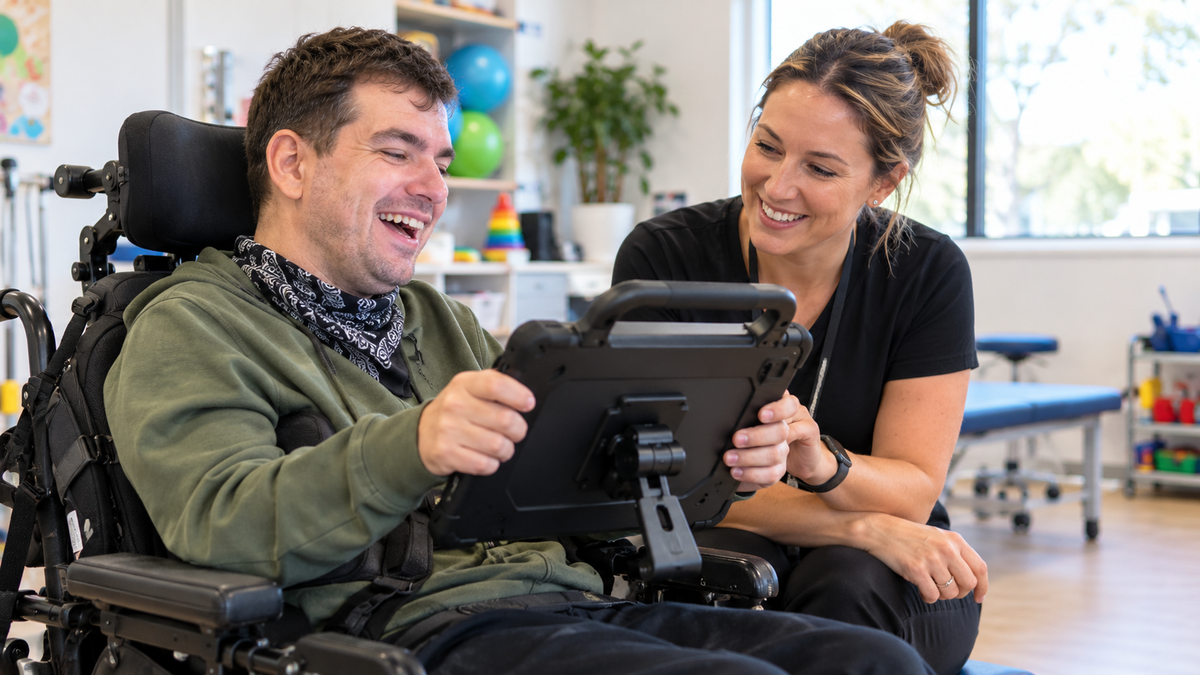 NDIS participant trialling an assistive communication tablet