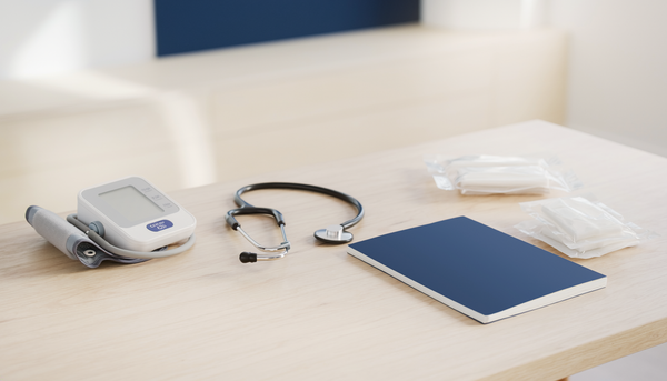 Illustrative photograph of nursing observation equipment, dressings and a care notebook