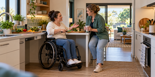 Illustrative scene of a wheelchair user discussing daily routines with a support worker in an accessible kitchen; not an advertised property.