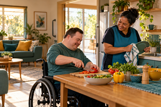 Participant preparing food with a support worker in an accessible home