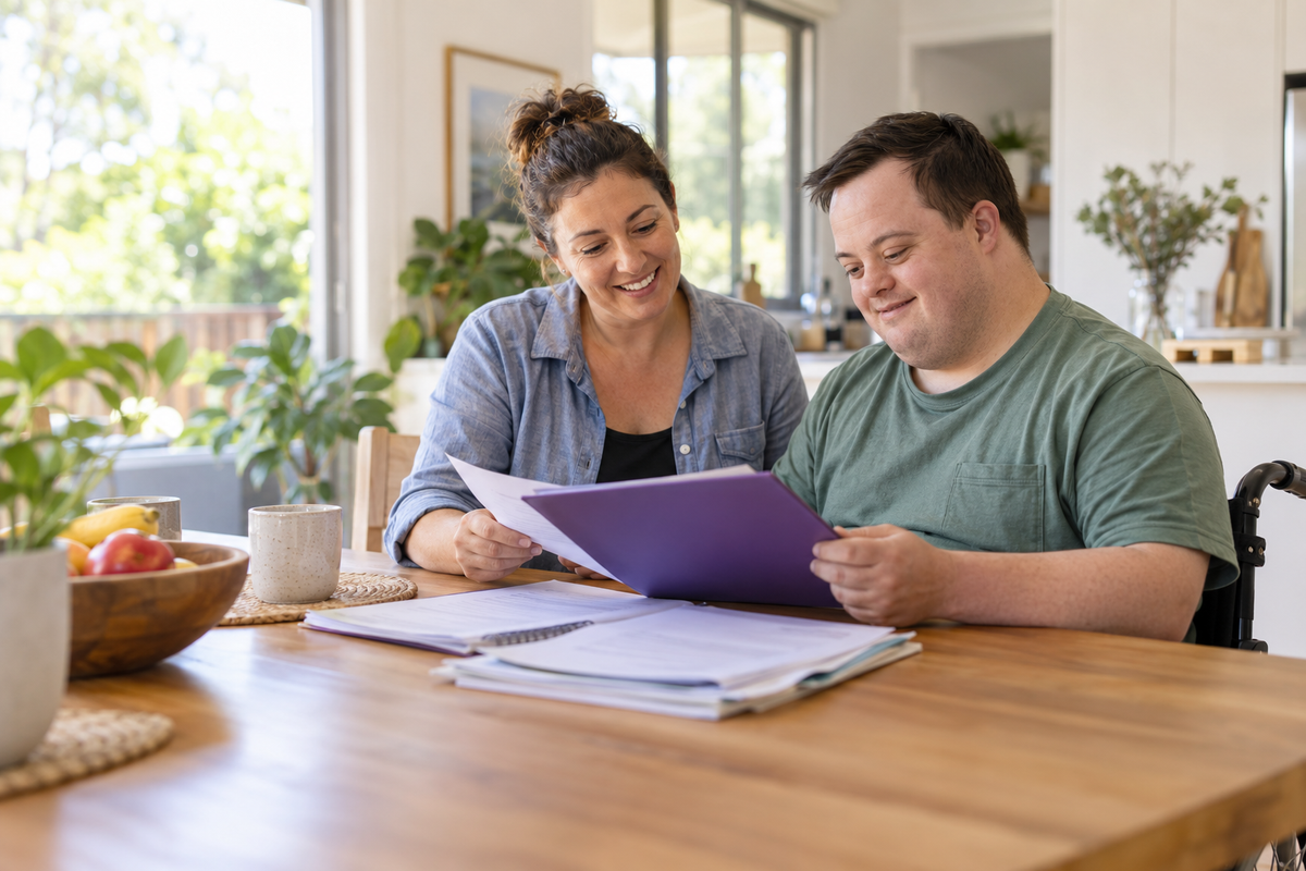 NDIS participant with a trusted support person reviewing plan and household paperwork at home