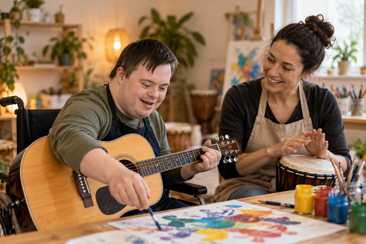 Person with disability taking part in music and art therapy activities