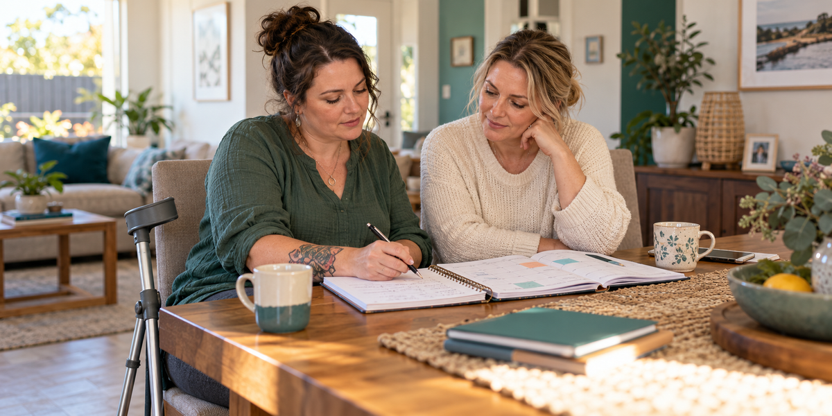 Illustrative scene of a woman preparing notes and a calendar with a trusted support person.