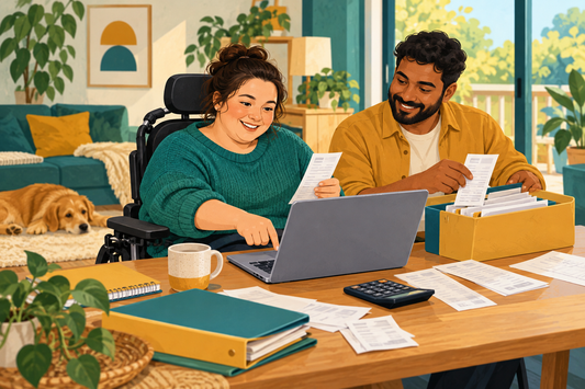 NDIS participant organizing invoices and records while self-managing funding