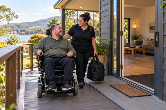 Person with disability arriving at accessible short-term accommodation with a support worker