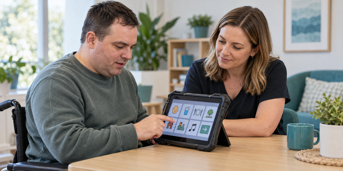 Speech pathologist helping participant use communication technology
