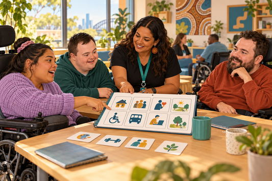 NDIS participants reviewing different types of support in a community hub