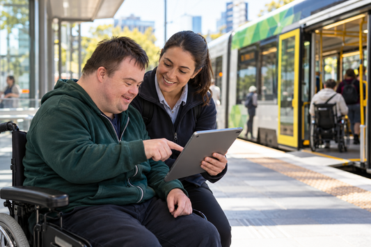 Person with disability planning a public transport trip with a travel trainer