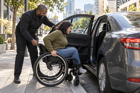 Person with disability entering a rideshare vehicle with respectful assistance