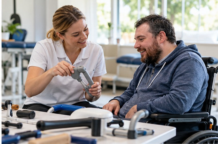Occupational therapist exploring an assistive device with a wheelchair user